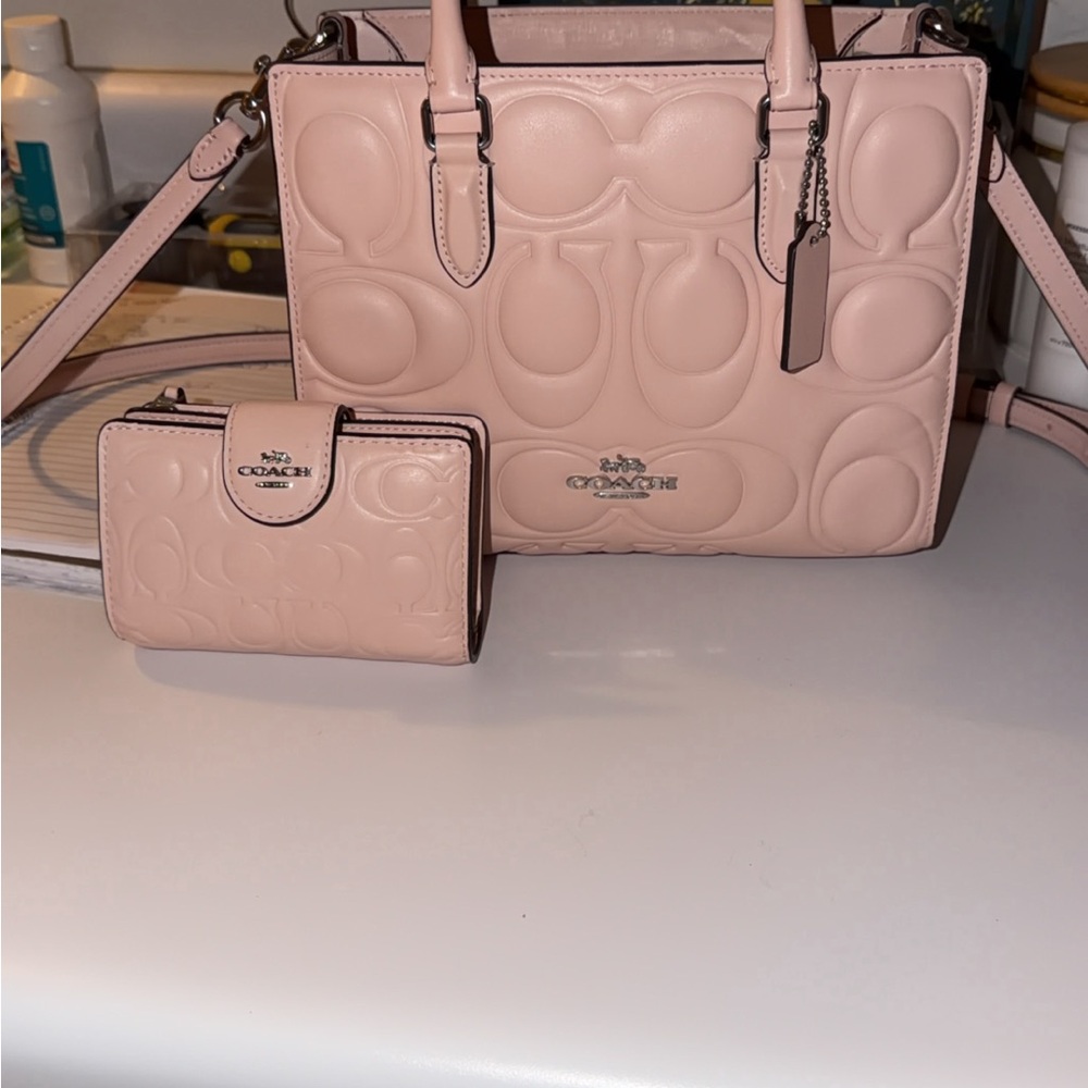 Coach Light Pink Embossed Satchel and Wallet Set